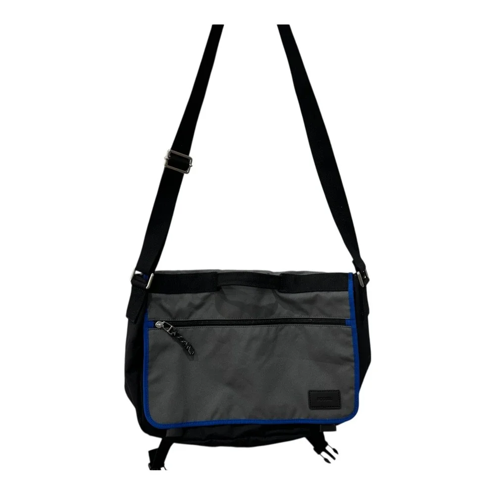 Fossil Travis Gray Black Messenger Bag w Blue Trim Shoulder Bags Work‎ School